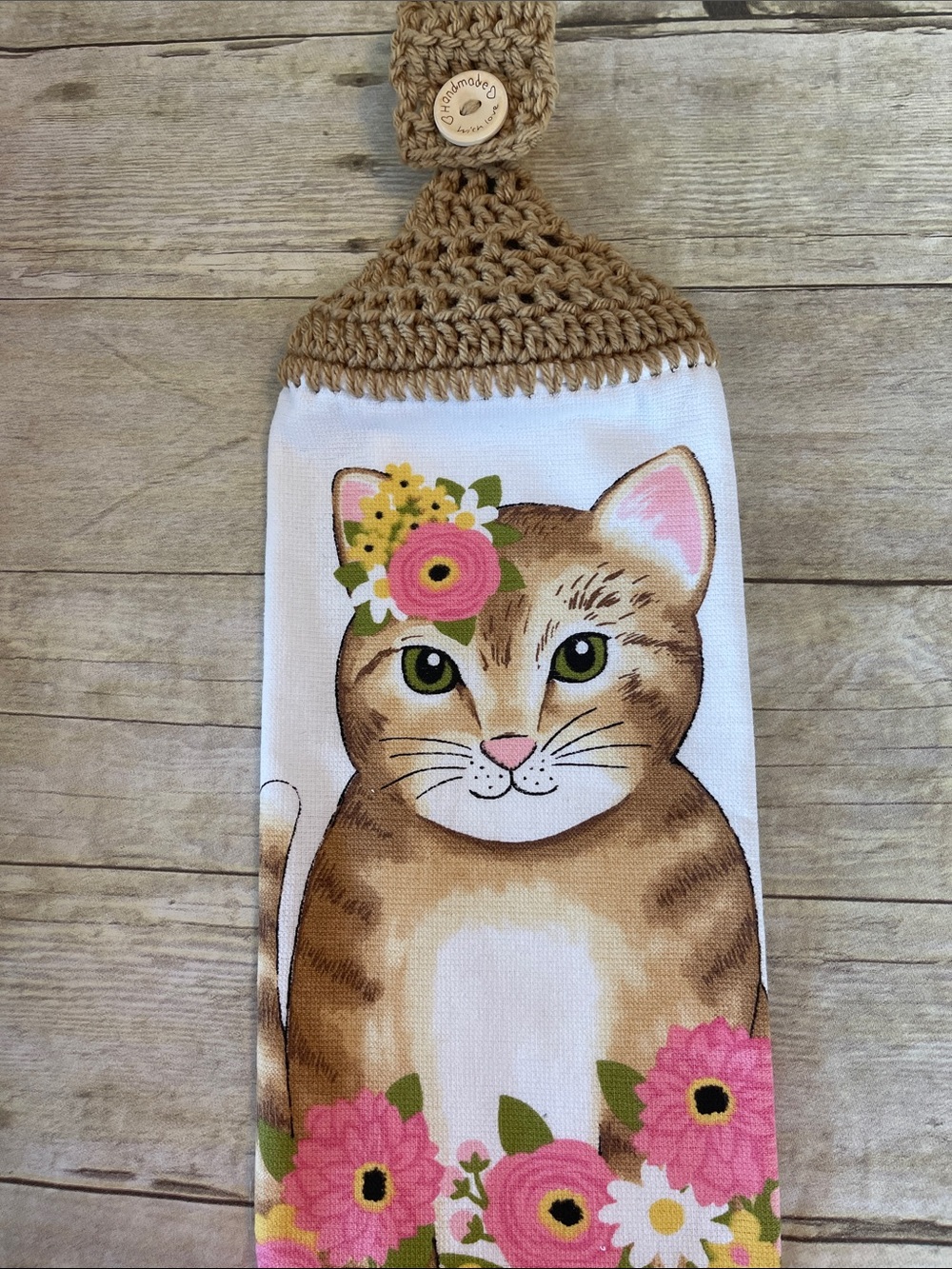 Crochet Top Single Thickness Hanging Towel Cat & Flowers Handmade w Love